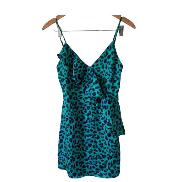New LPA Revolve Green Leopard Print Mini Dress Women's Size XS Satin Ruffle - Picture 4 of 11